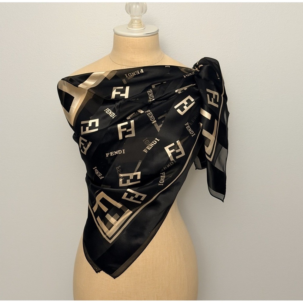 Vintage Fendi Black & Beige Transparent Silk Scarf Iconic FF Monogram – Square